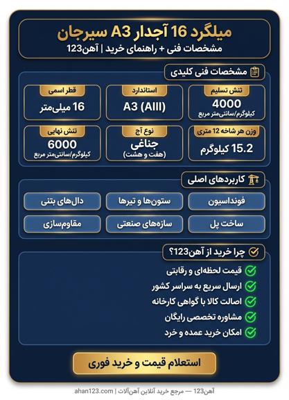 قیمت میلگرد 16 آجدار A3 سیرجان امروز ⬅ قیمت میلگرد آجدار ۱۶